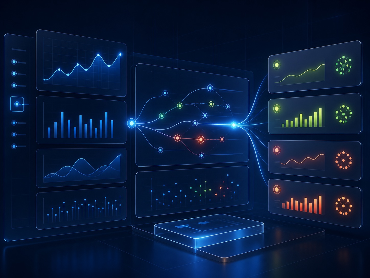 Abstract analytics panels showing connected campaign performance